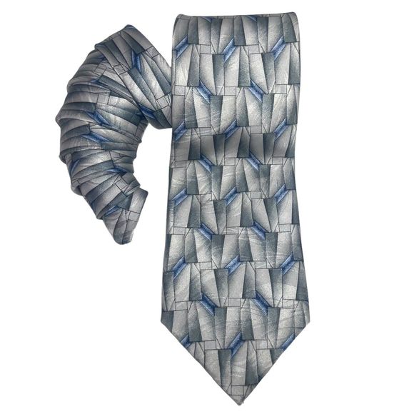 Antonia Collection Men's Fashionable 100% Silk Necktie Tie Grey Blue Geometric - Picture 1 of 7